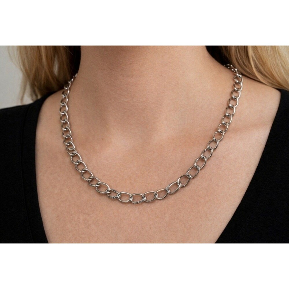 Silver Tone Textured Oval Link Chain Belt Necklace 30” Lobster Clasp